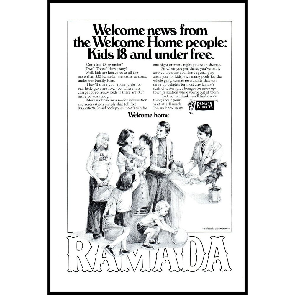 1974 Ramada Inn Hotels Vintage Print Ad Family Vacation Wall Art Decor